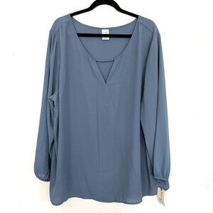 NWT Terra & Sky Blouse Generous Fit Blue Long Sleeve Chiffon Top 2X ly